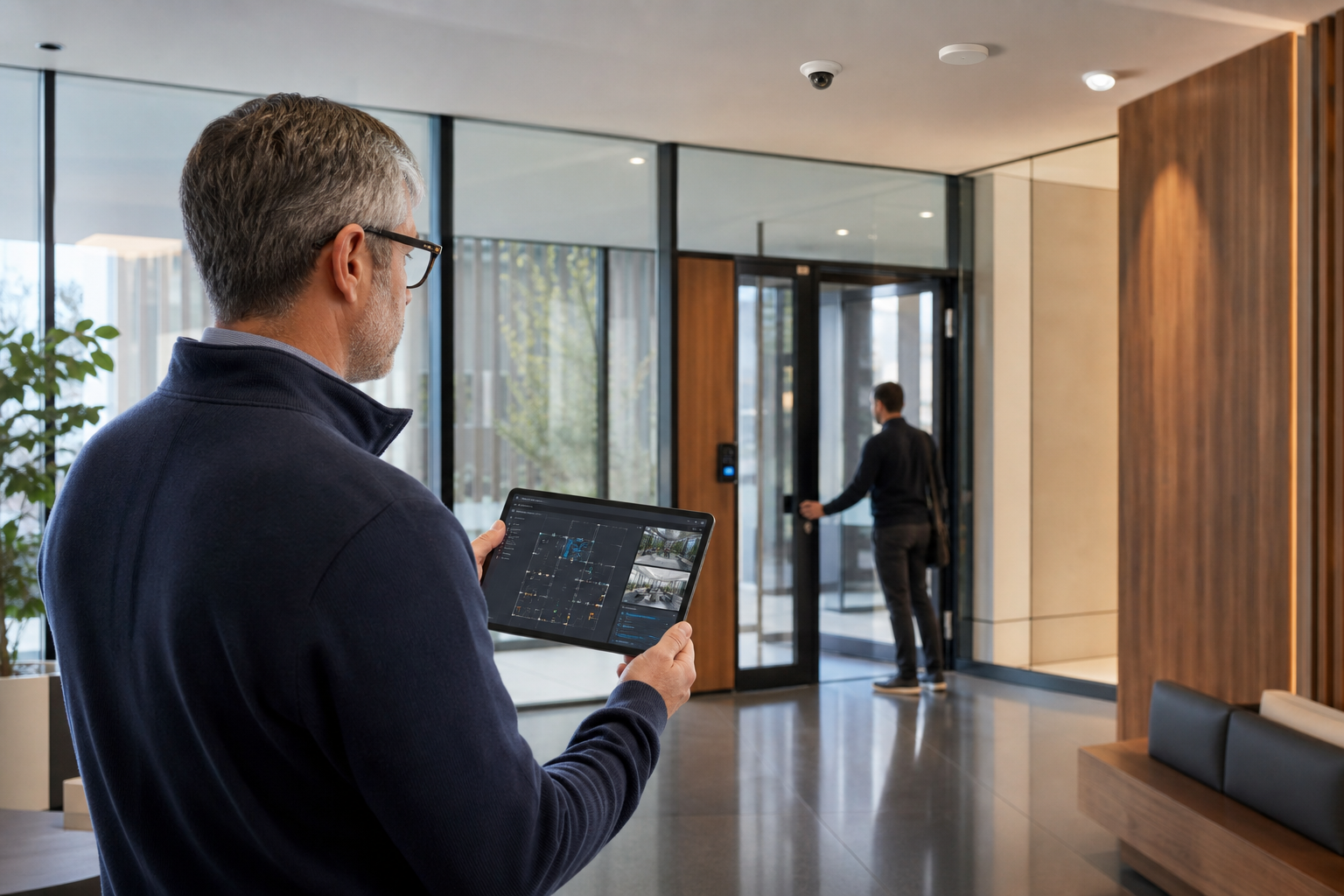 Edificio corporativo conectado mediante sistemas de seguridad y software