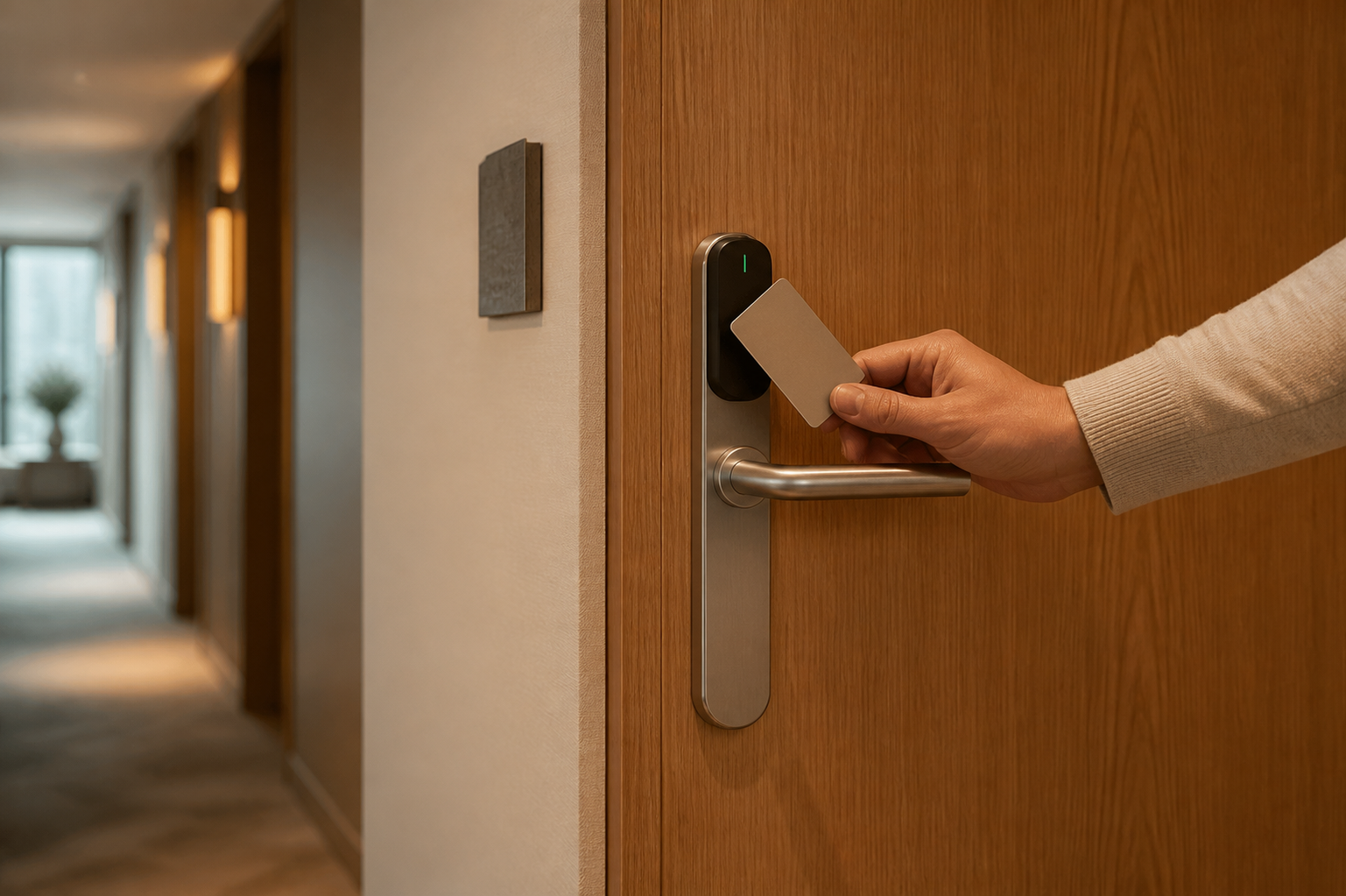 Huésped utilizando una tarjeta en una cerradura electrónica SALTO